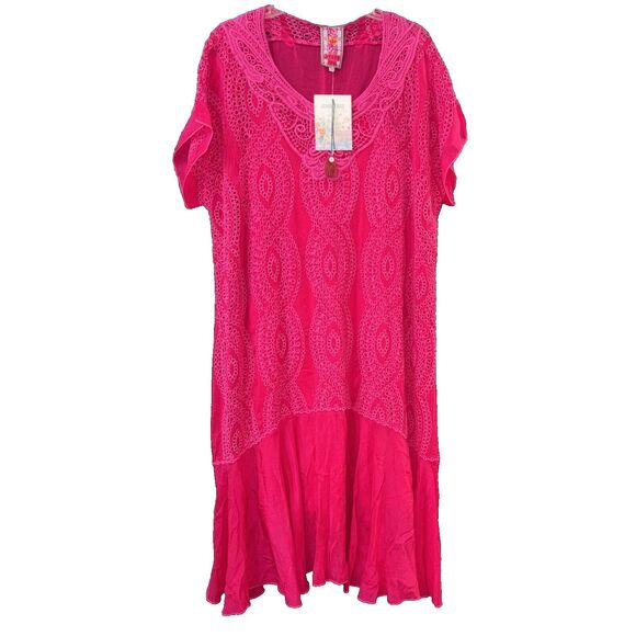 Johnny Was XXL Halfrid Midi Dress Embroidered Boho Cottagecore Eyelet Lined Pink - Picture 1 of 10